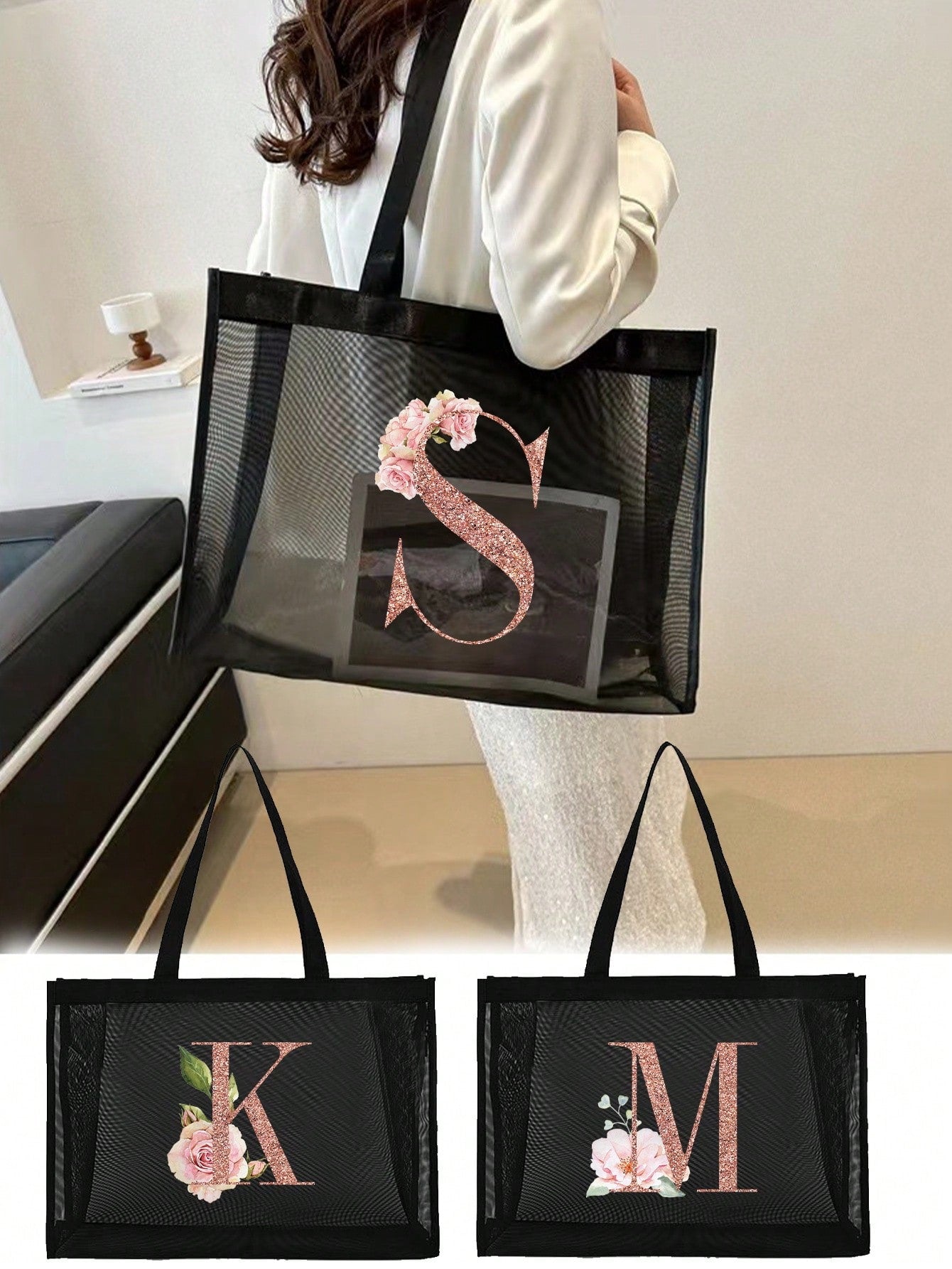 Large Capacity Tote Bags Beach Bag Women's Outdoor Fashion Shoulder Bag Handbags Shopping Bags Letter Print Organizer Mesh Bag Multifunctional Portable Storage Bags For Travel Camping Seabeach, Summer