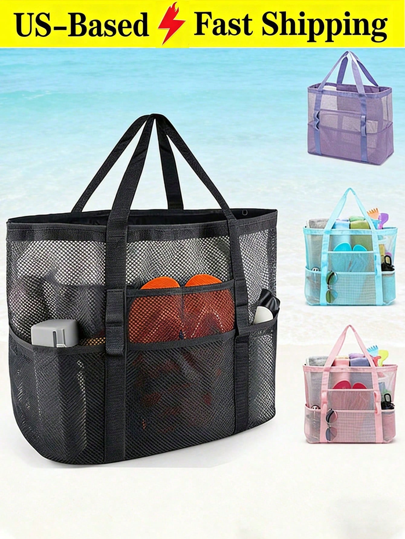 Large Capacity Waterproof Beach Bag Summer Portable Mesh Travel Bag Swim Shoulder Tote Handbag Bath Storage Bag Beach Black Purse For Travel Vacation