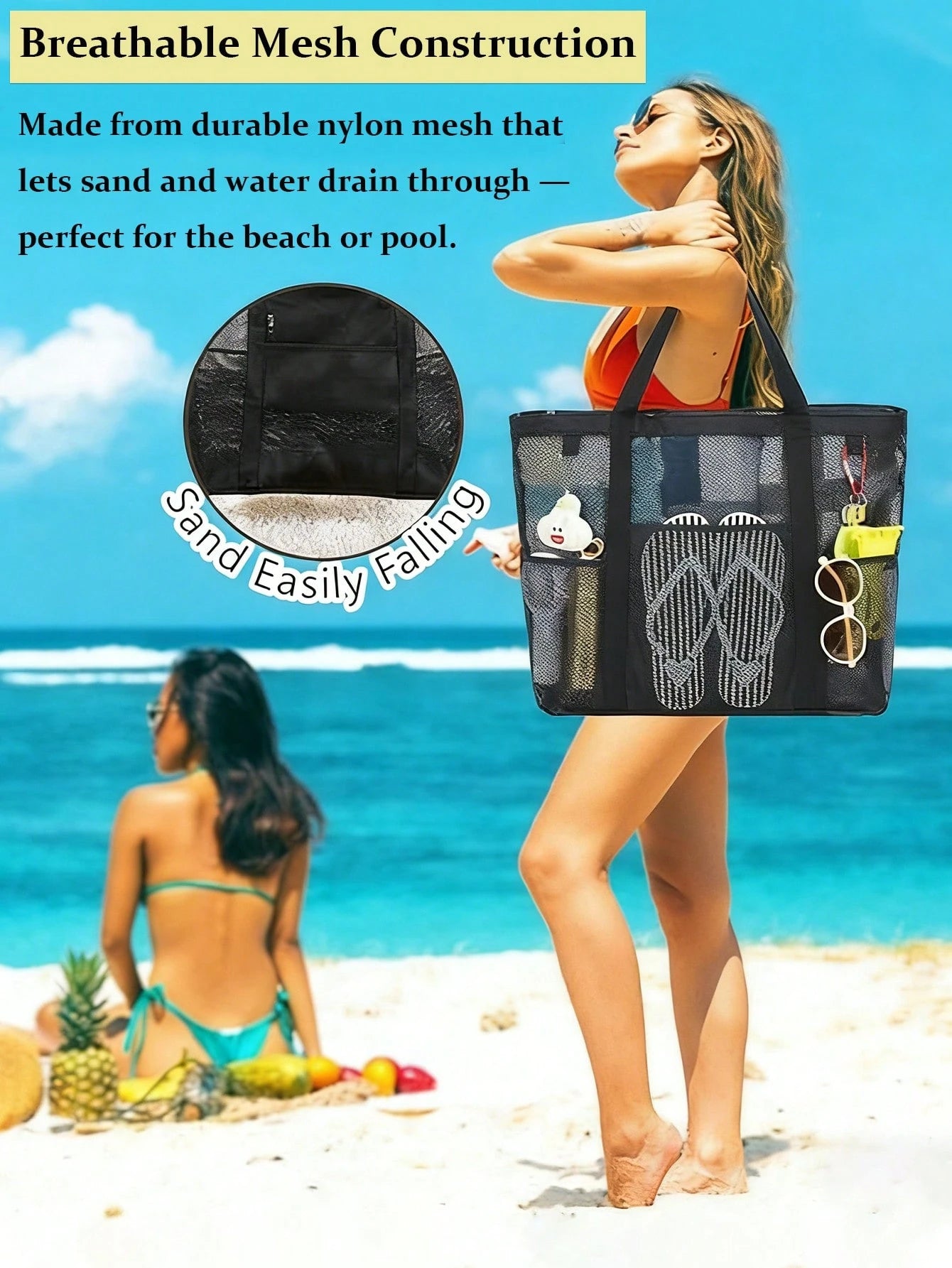 Large Capacity Waterproof Beach Bag Summer Portable Mesh Travel Bag Swim Shoulder Tote Handbag Bath Storage Bag Beach Black Purse For Travel Vacation