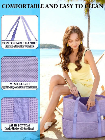 Large Capacity Waterproof Beach Bag Summer Portable Mesh Travel Bag Swim Shoulder Tote Handbag Bath Storage Bag Beach Black Purse For Travel Vacation