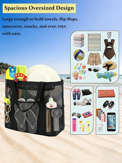 Large Capacity Waterproof Beach Bag Summer Portable Mesh Travel Bag Swim Shoulder Tote Handbag Bath Storage Bag Beach Black Purse For Travel Vacation