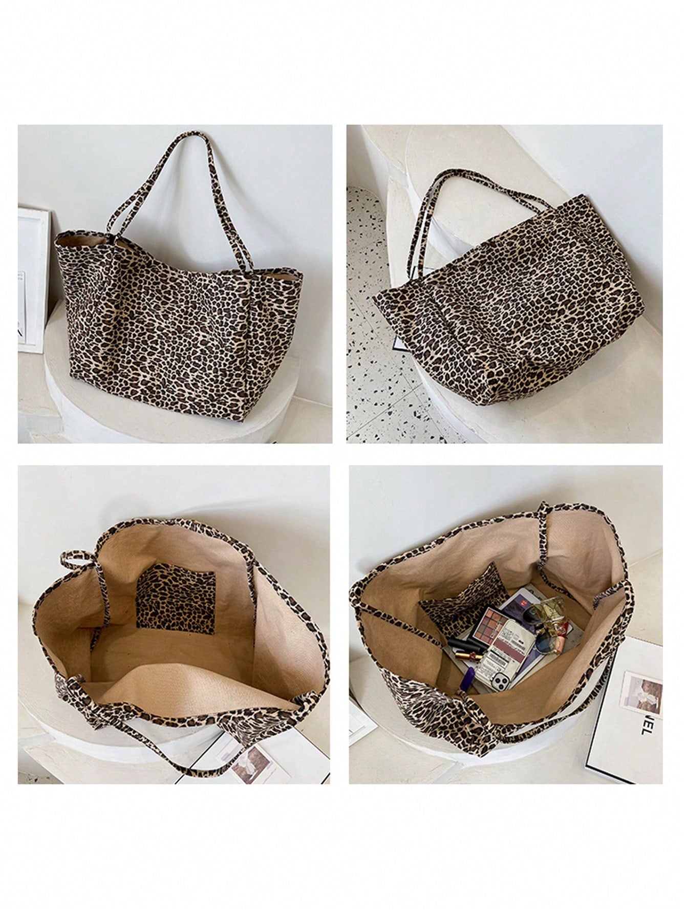 Large Leopard Print Tote Bag, High Capacity Shoulder Bag, Underarm Bag Essential For Commuting, Backpack, Large Capacity, Portable, Suitable For Teenagers, Women, College Students, White-Collar Worker