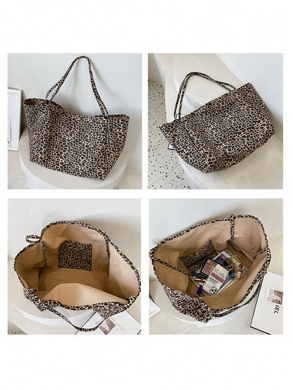 Large Leopard Print Tote Bag, High Capacity Shoulder Bag, Underarm Bag Essential For Commuting, Backpack, Large Capacity, Portable, Suitable For Teenagers, Women, College Students, White-Collar Worker