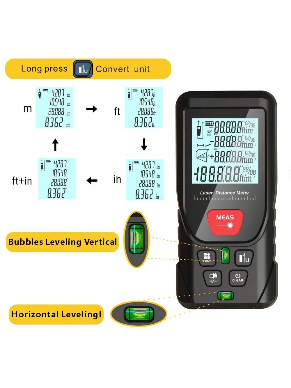 Laser Meter Digital Tape 50m 100m 150m 200m Laser Distance Meter 2 Bubbles Leveling Backlit High Accuracy Handheld Laser Rangefinder Laser Tape Measure With Bag