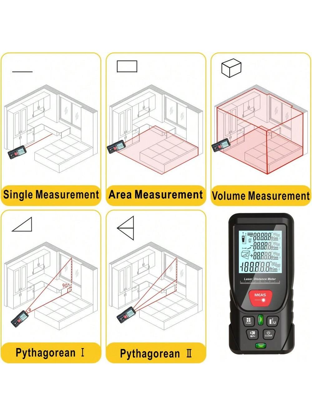Laser Meter Digital Tape 50m 100m 150m 200m Laser Distance Meter 2 Bubbles Leveling Backlit High Accuracy Handheld Laser Rangefinder Laser Tape Measure With Bag