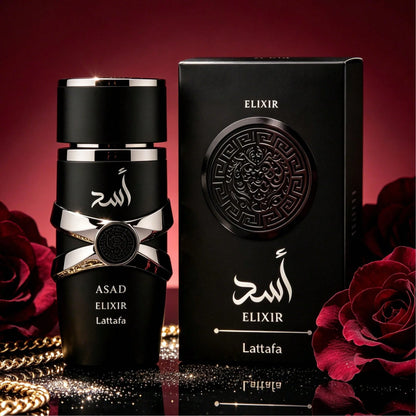 Lattafa Asad Elixir Men Eau De Parfum 100ml 3.4oz Intense Fragrance Spray Aromatic Woody Cedarwood Amber Vanilla Notes All Day Lasting Luxury Masculine Scent Anniversary Gift