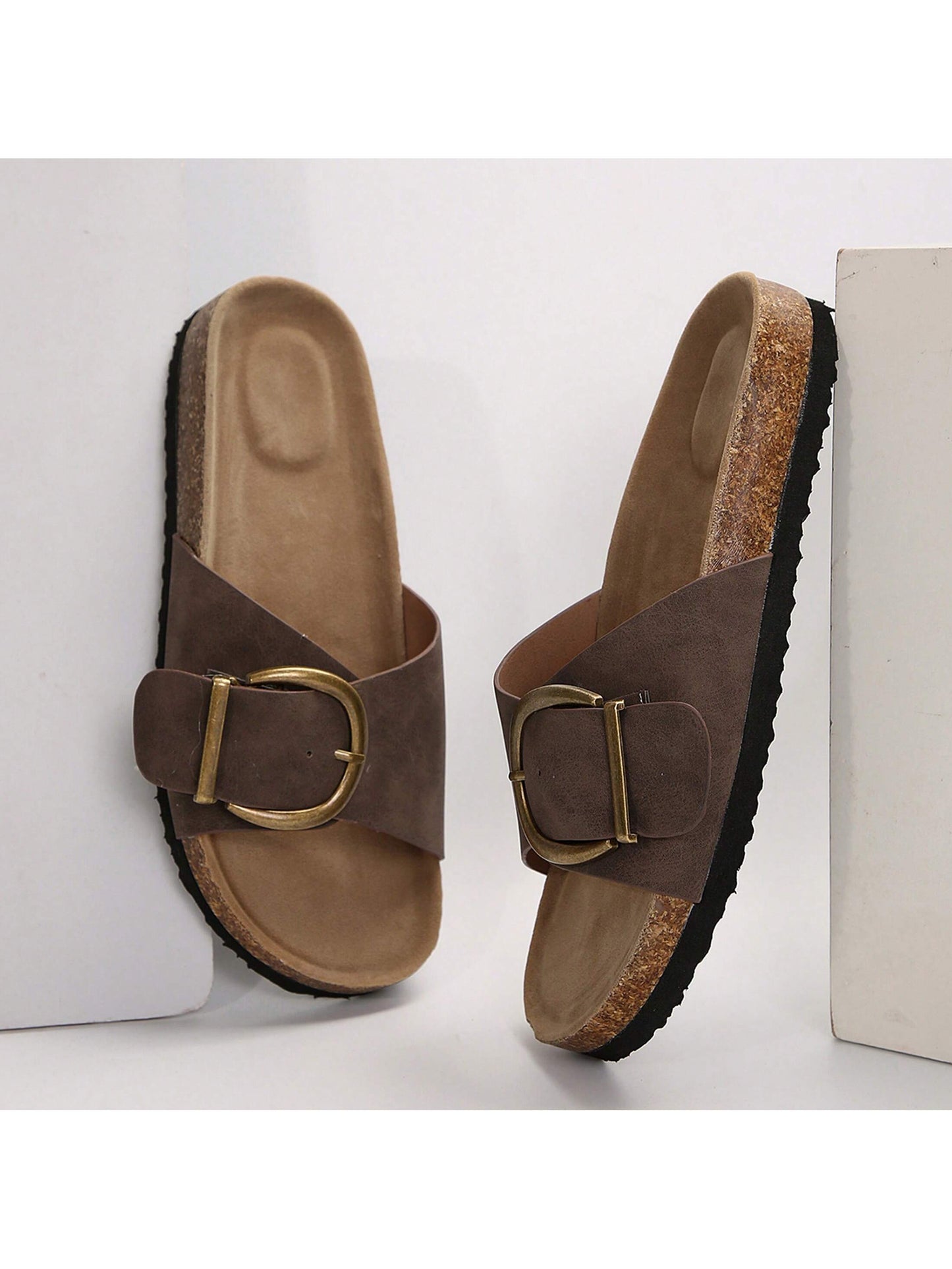 Lazy And Fashionable Women's Cork Strap Summer Beach Sandals With Golden Buckle- Casual Adjustable Leisure Sandals For Women
