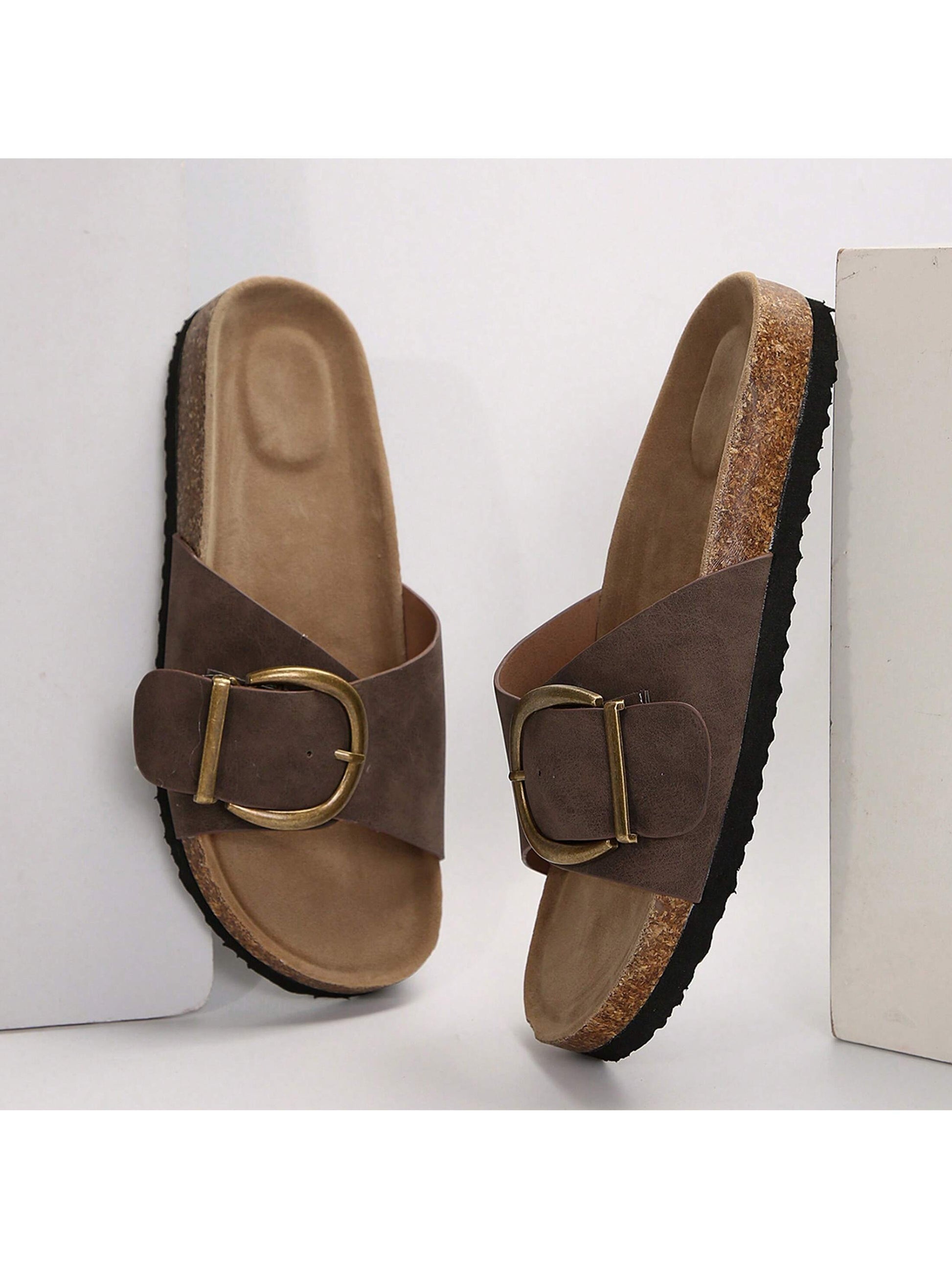 Lazy And Fashionable Women's Cork Strap Summer Beach Sandals With Golden Buckle- Casual Adjustable Leisure Sandals For Women