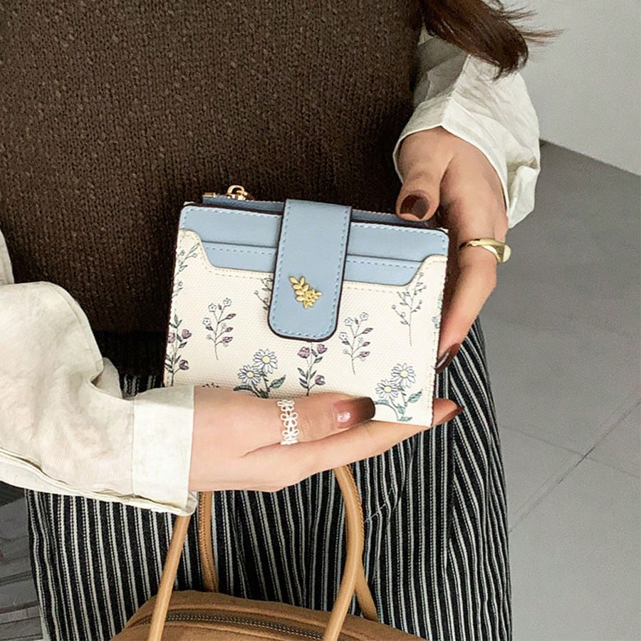 Leaf Design Metal Button Coin Purse Simple Fashionable Small Bifold Wallet For Women Wallet Mini Wallet Purse Wallet Small Wallet Wallet Cute Wallet Wallet