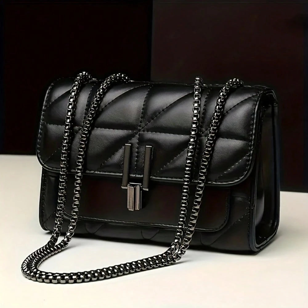 LEATVOOK Elegant Black Quilted Crossbody Bag For Women With Golden-Tone Clasp & Metal Chain Strap