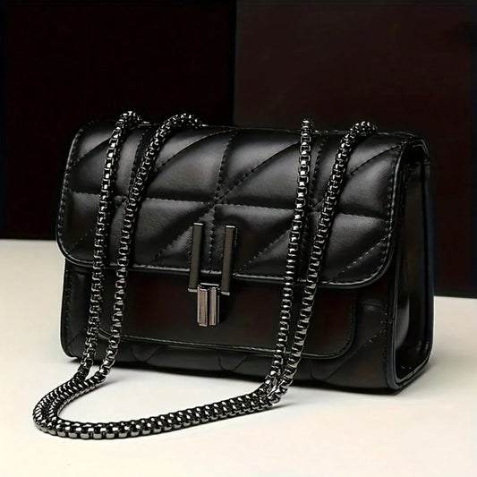 LEATVOOK Elegant Black Quilted Crossbody Bag For Women With Golden-Tone Clasp & Metal Chain Strap