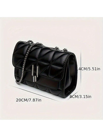 LEATVOOK Elegant Black Quilted Crossbody Bag For Women With Golden-Tone Clasp & Metal Chain Strap