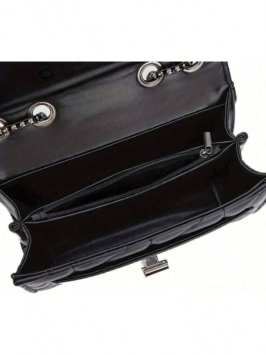 LEATVOOK Elegant Black Quilted Crossbody Bag For Women With Golden-Tone Clasp & Metal Chain Strap