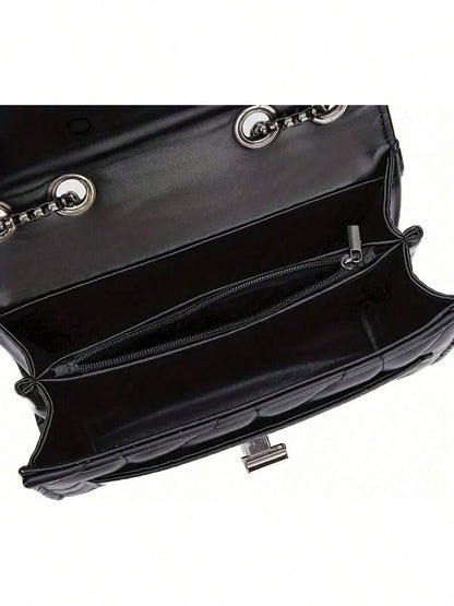 LEATVOOK Elegant Black Quilted Crossbody Bag For Women With Golden-Tone Clasp & Metal Chain Strap