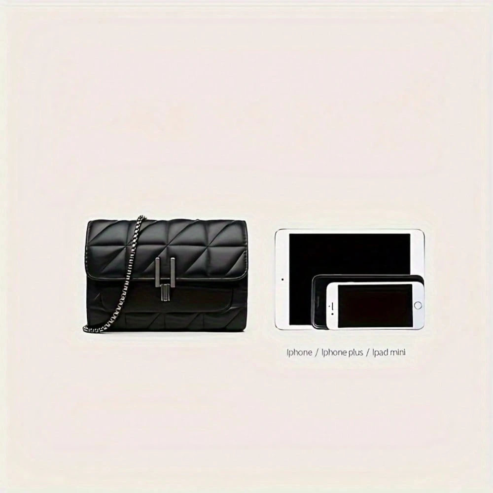 LEATVOOK Elegant Black Quilted Crossbody Bag For Women With Golden-Tone Clasp & Metal Chain Strap