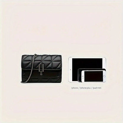 LEATVOOK Elegant Black Quilted Crossbody Bag For Women With Golden-Tone Clasp & Metal Chain Strap