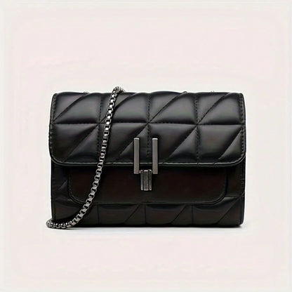 LEATVOOK Elegant Black Quilted Crossbody Bag For Women With Golden-Tone Clasp & Metal Chain Strap