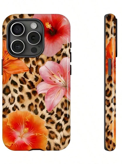 Leopard Print With Chinese Hibiscus Flowers Two-In-One Matte Texture Phone Case Suitable For Compatible With Iphone17,16, 15, 14, 13, 12, 11, PRO MAX,PLUS,AIR,X,XS,As Well As, Galaxy S21/22/23/24/25