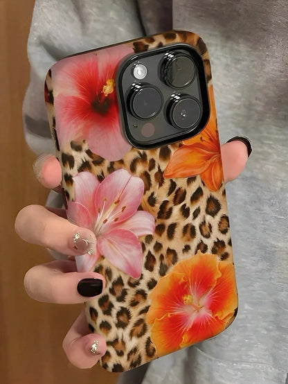 Leopard Print With Chinese Hibiscus Flowers Two-In-One Matte Texture Phone Case Suitable For Compatible With Iphone17,16, 15, 14, 13, 12, 11, PRO MAX,PLUS,AIR,X,XS,As Well As, Galaxy S21/22/23/24/25