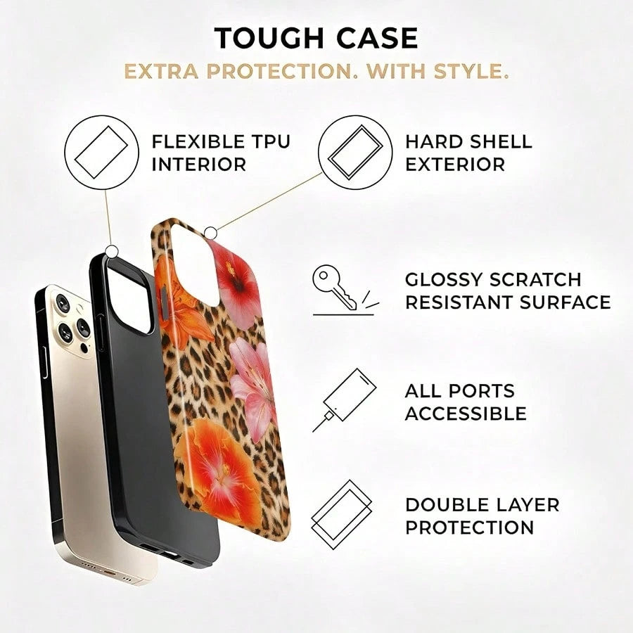 Leopard Print With Chinese Hibiscus Flowers Two-In-One Matte Texture Phone Case Suitable For Compatible With Iphone17,16, 15, 14, 13, 12, 11, PRO MAX,PLUS,AIR,X,XS,As Well As, Galaxy S21/22/23/24/25