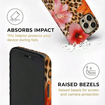 Leopard Print With Chinese Hibiscus Flowers Two-In-One Matte Texture Phone Case Suitable For Compatible With Iphone17,16, 15, 14, 13, 12, 11, PRO MAX,PLUS,AIR,X,XS,As Well As, Galaxy S21/22/23/24/25