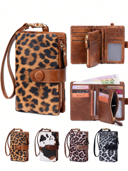 Leopard Print Women Wristlet Wallet, Large Capacity Snap Zipper Coin Purse Bags, Multi Card Slots With Detachable Wrist Strap For Daily & Travel Use
