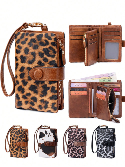 Leopard Print Women Wristlet Wallet, Large Capacity Snap Zipper Coin Purse Bags, Multi Card Slots With Detachable Wrist Strap For Daily & Travel Use