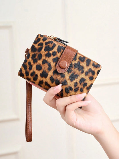 Leopard Print Women Wristlet Wallet, Large Capacity Snap Zipper Coin Purse Bags, Multi Card Slots With Detachable Wrist Strap For Daily & Travel Use
