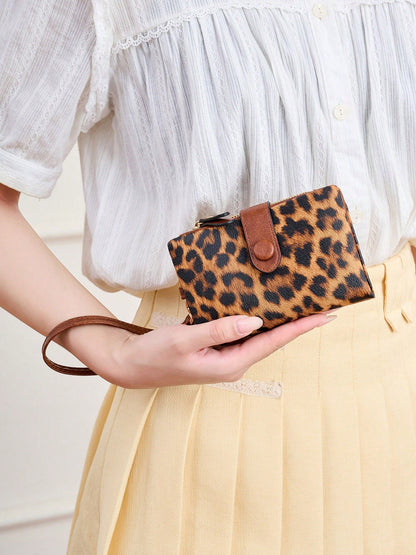 Leopard Print Women Wristlet Wallet, Large Capacity Snap Zipper Coin Purse Bags, Multi Card Slots With Detachable Wrist Strap For Daily & Travel Use