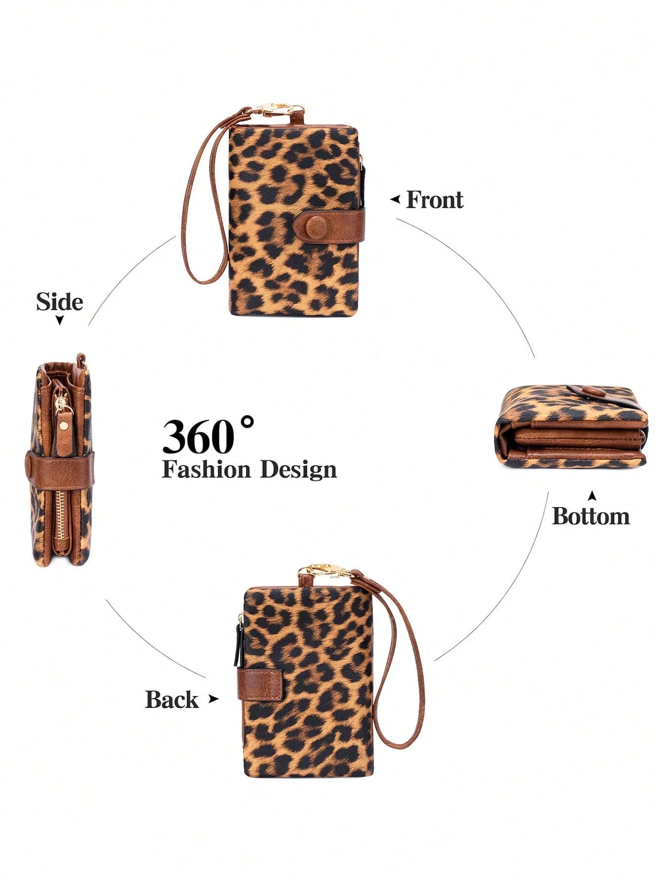 Leopard Print Women Wristlet Wallet, Large Capacity Snap Zipper Coin Purse Bags, Multi Card Slots With Detachable Wrist Strap For Daily & Travel Use