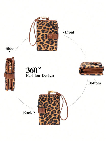 Leopard Print Women Wristlet Wallet, Large Capacity Snap Zipper Coin Purse Bags, Multi Card Slots With Detachable Wrist Strap For Daily & Travel Use