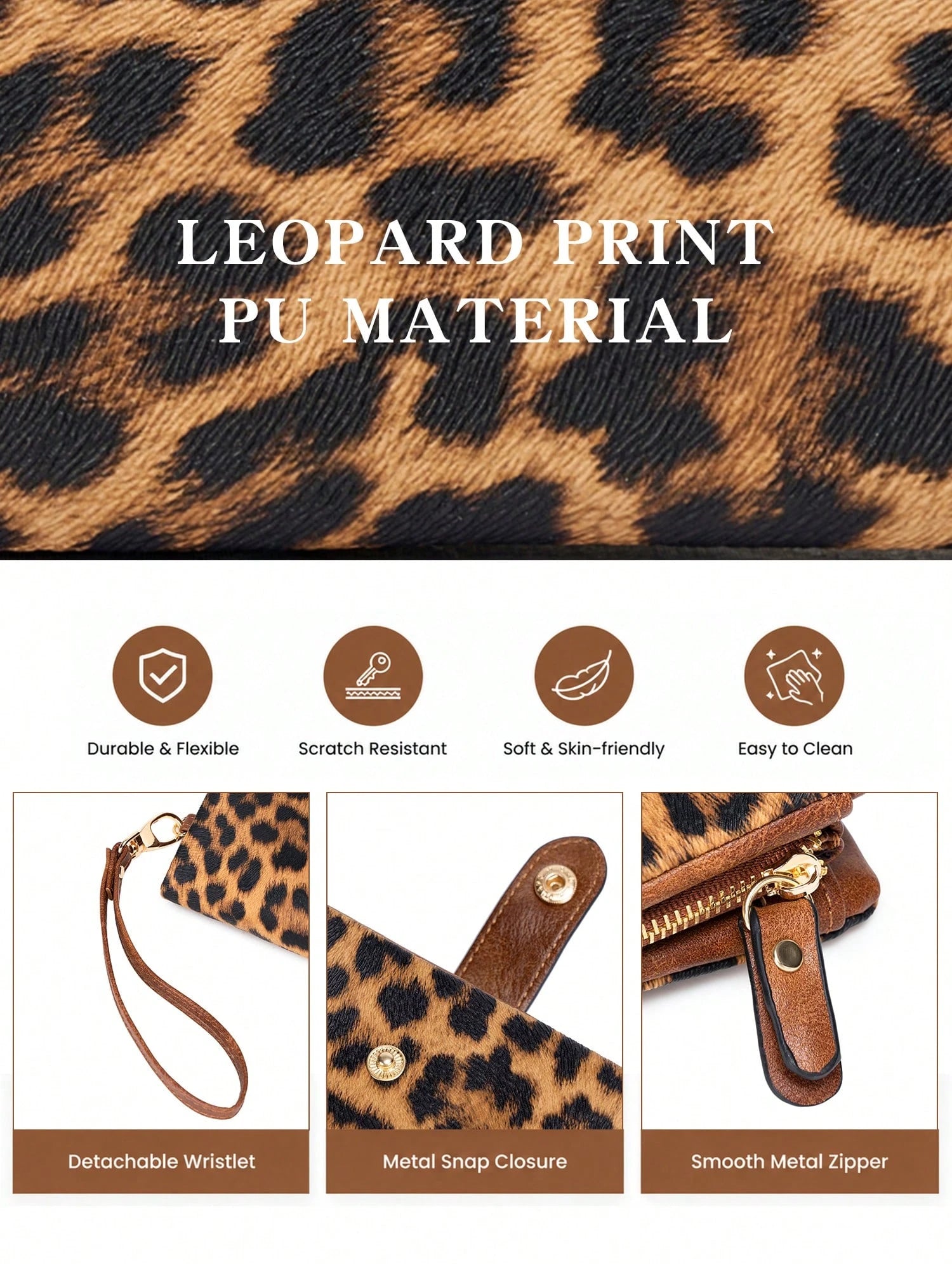Leopard Print Women Wristlet Wallet, Large Capacity Snap Zipper Coin Purse Bags, Multi Card Slots With Detachable Wrist Strap For Daily & Travel Use