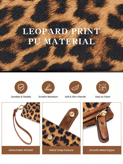 Leopard Print Women Wristlet Wallet, Large Capacity Snap Zipper Coin Purse Bags, Multi Card Slots With Detachable Wrist Strap For Daily & Travel Use