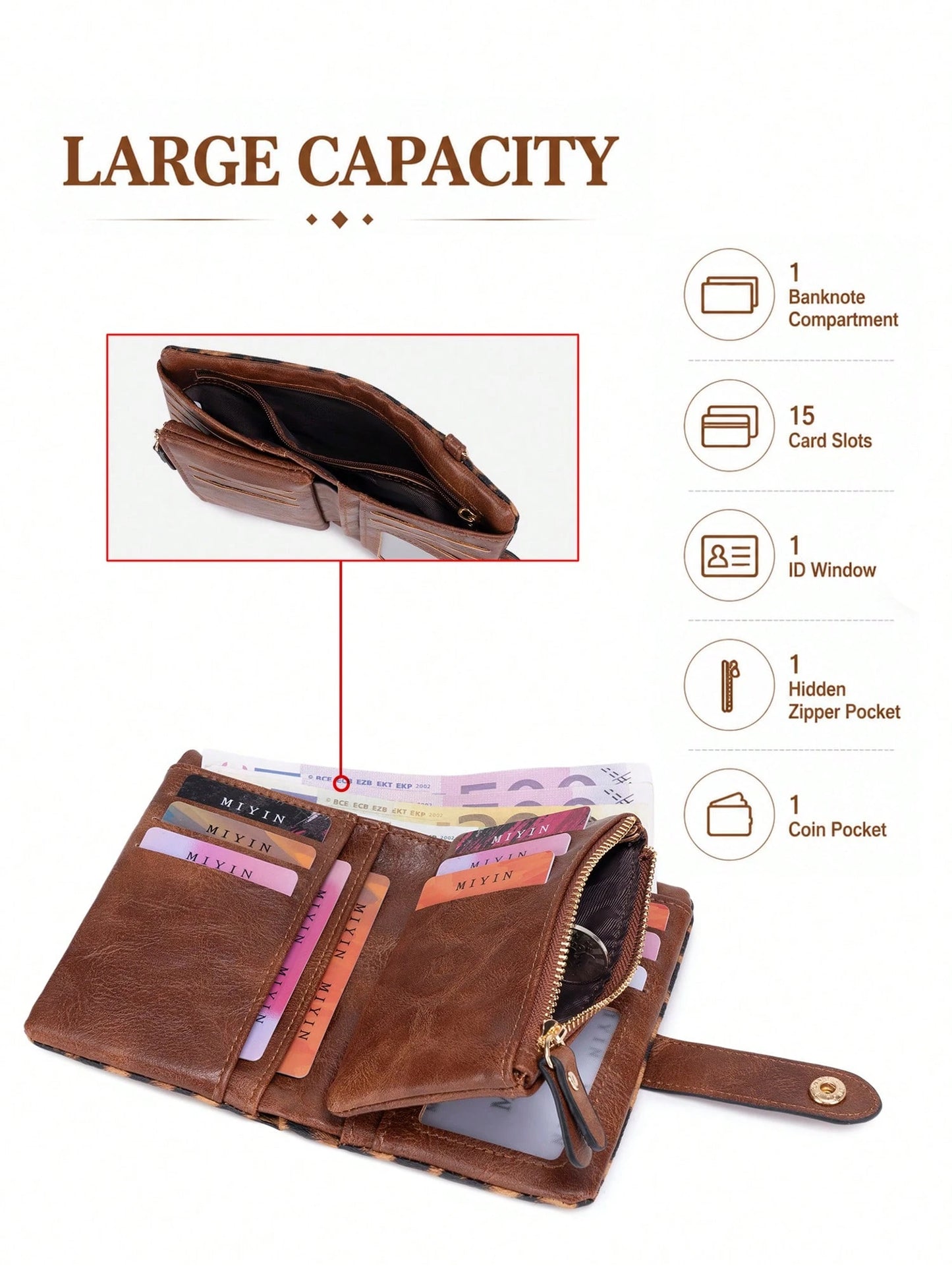 Leopard Print Women Wristlet Wallet, Large Capacity Snap Zipper Coin Purse Bags, Multi Card Slots With Detachable Wrist Strap For Daily & Travel Use