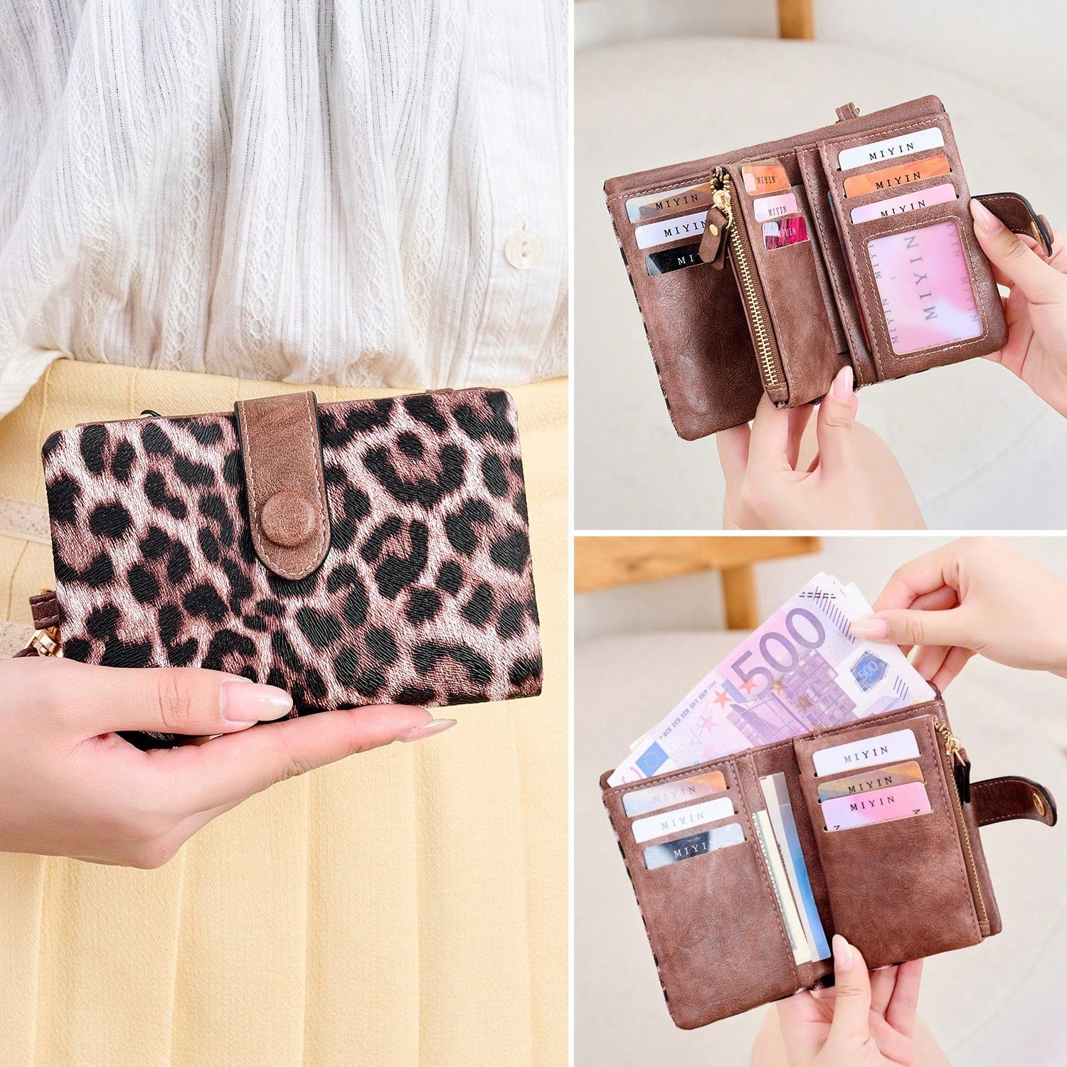 Leopard Print Women Wristlet Wallet, Large Capacity Snap Zipper Coin Purse Bags, Multi Card Slots With Detachable Wrist Strap For Daily & Travel Use