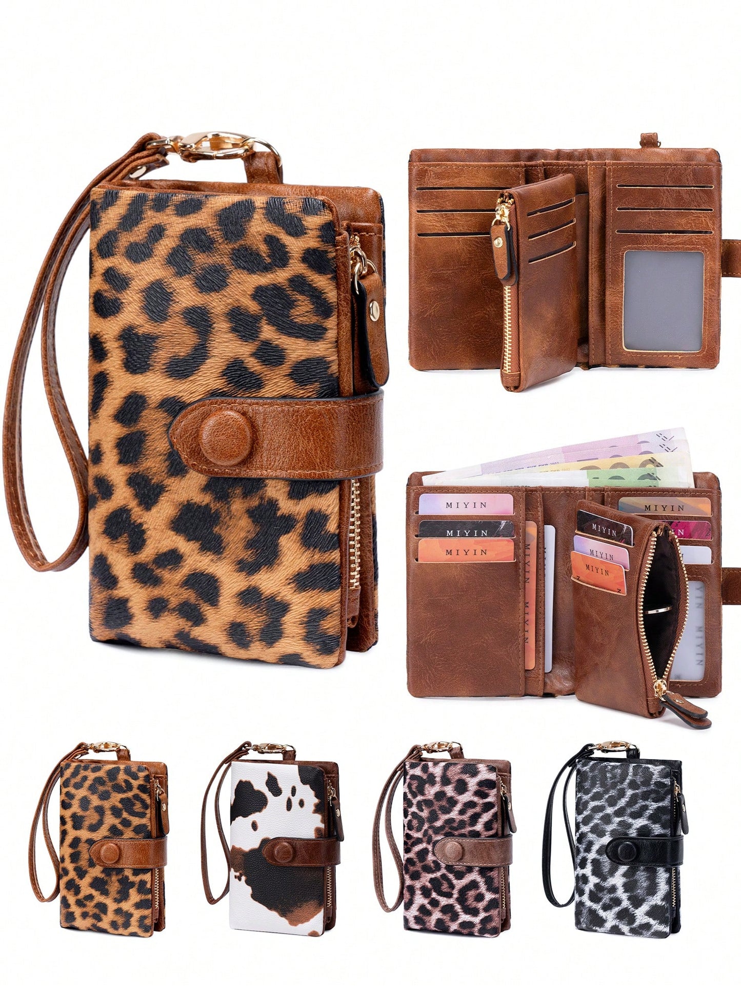 Leopard Print Women Wristlet Wallet, Large Capacity Snap Zipper Coin Purse Bags, Multi Card Slots With Detachable Wrist Strap For Daily & Travel Use