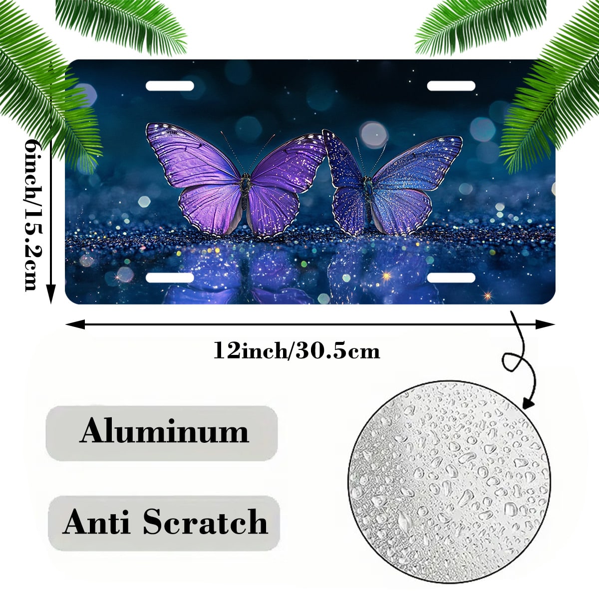 License Plate Cover, Two Glittery Butterflies License Plate Funny Car License Plate Personalized Decoration Novelty Vanity Tag Stainless Steel For Women Men,12.2" X 6.2"