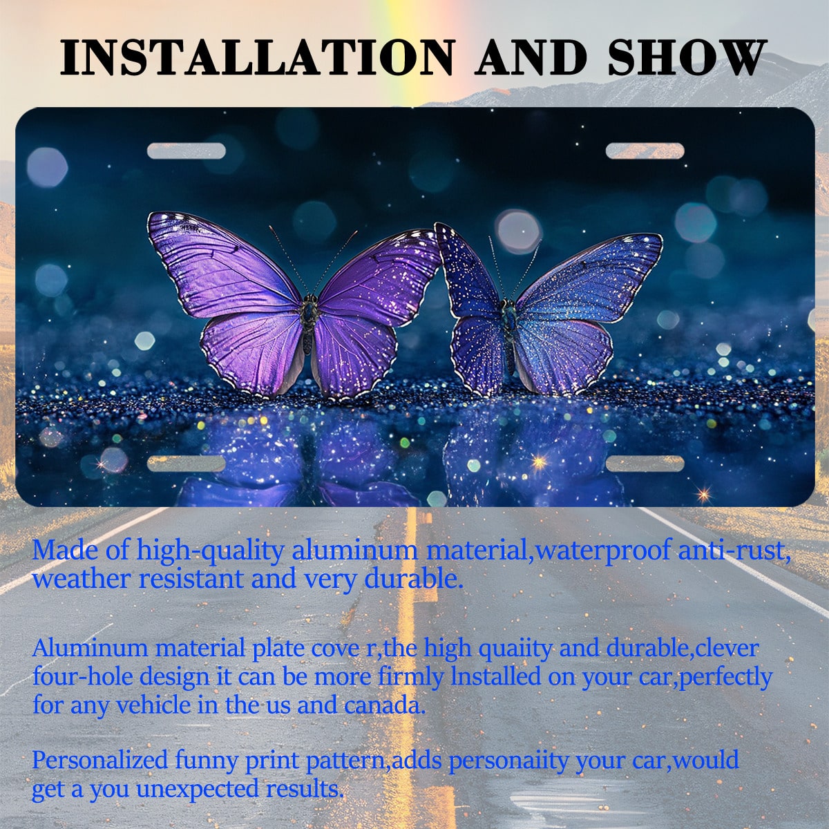 License Plate Cover, Two Glittery Butterflies License Plate Funny Car License Plate Personalized Decoration Novelty Vanity Tag Stainless Steel For Women Men,12.2" X 6.2"