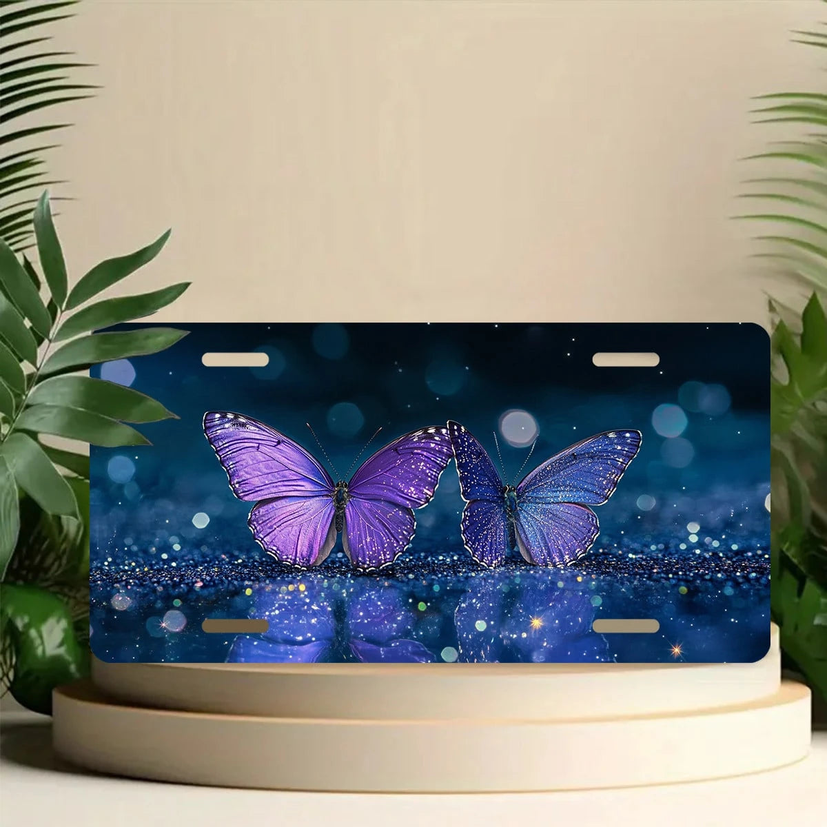 License Plate Cover, Two Glittery Butterflies License Plate Funny Car License Plate Personalized Decoration Novelty Vanity Tag Stainless Steel For Women Men,12.2" X 6.2"