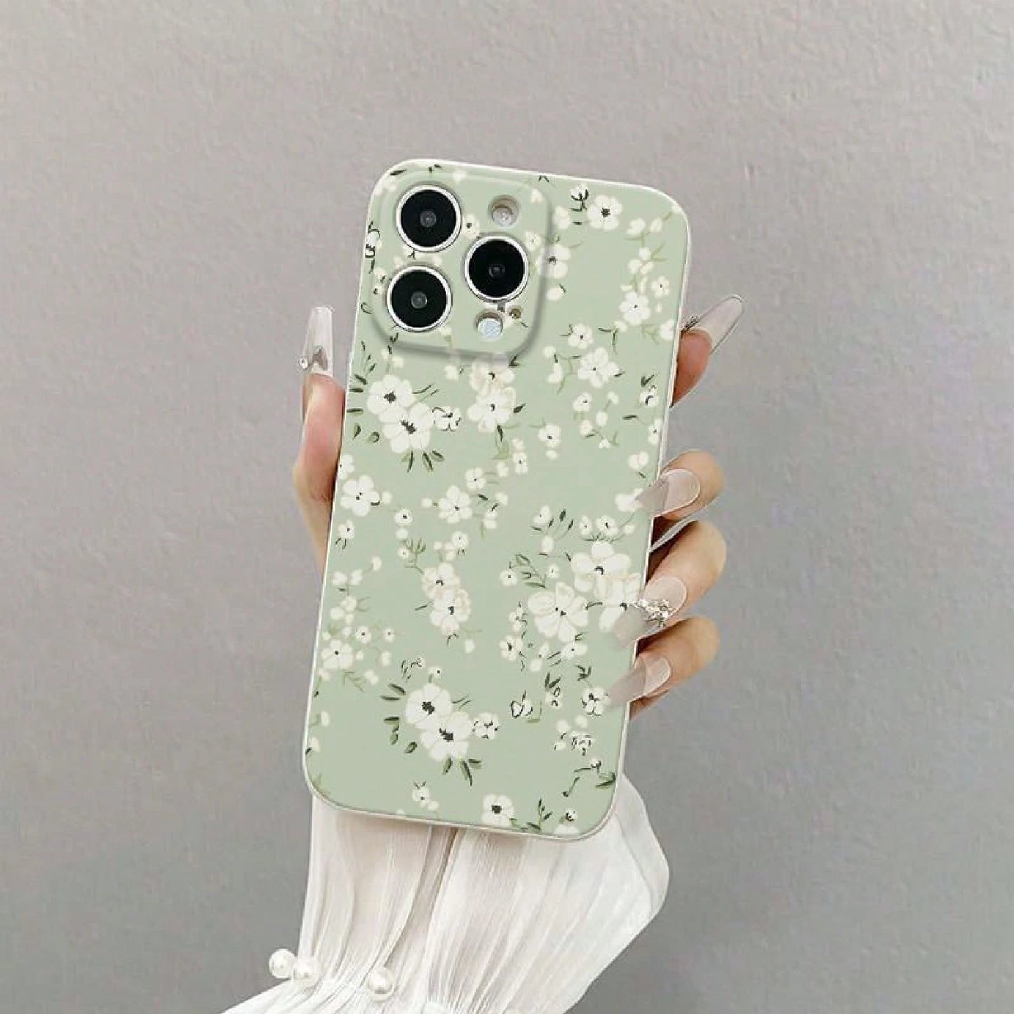 Light Green And White Flower Fresh Pattern, Drop-Proof And Shockproof Fashionable Mobile Phone Case, Suitable For  16 Plus 15 Pro Max 14 13 12 11 Pro Max X/XS XS MAX 16E, Can Be Given As A Gift To Fr