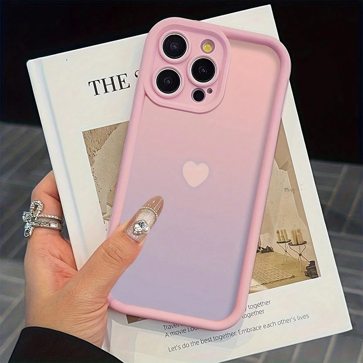 Light Luxury Fashion UV Painted Gradient Heart Design Raised Edge Shockproof Phone Case Compatible With Ip17 16 15 14 13 S26 S25 S24 Honor 400Lite 200Pro Honor A5 X9 X8 X6 9x And Smart6/7/8/9/10, 14T