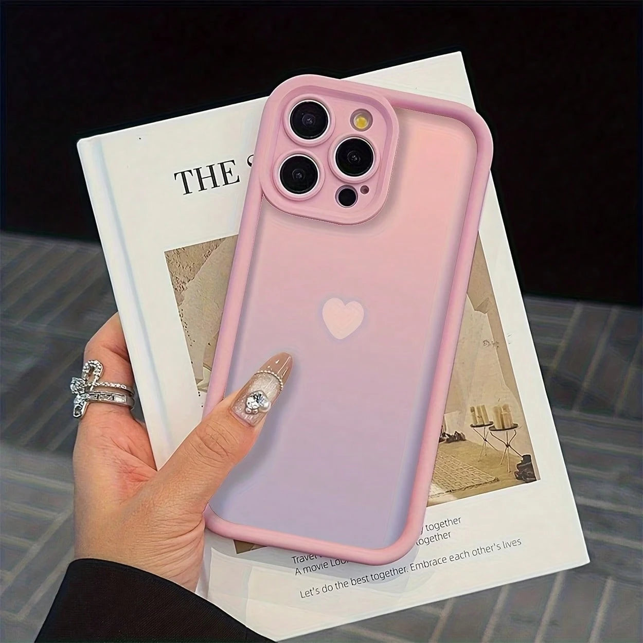 Light Luxury Fashion UV Painted Gradient Heart Design Raised Edge Shockproof Phone Case Compatible With Ip17 16 15 14 13 S26 S25 S24 Honor 400Lite 200Pro Honor A5 X9 X8 X6 9x And Smart6/7/8/9/10, 14T