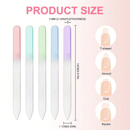 LIMEGIRL 5/1pc Glass Nail File, Professional Manicure Tool For Natural Nails, Gradient Color Polishing Block Nail Care Salon Gift (Macaron Color)