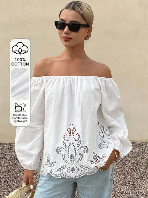 Livesso Women's Loose Solid Off Shoulder Long Sleeve Hollow Embroidered Casual Holiday Blouse Top, Summer Vacation Women Boho
