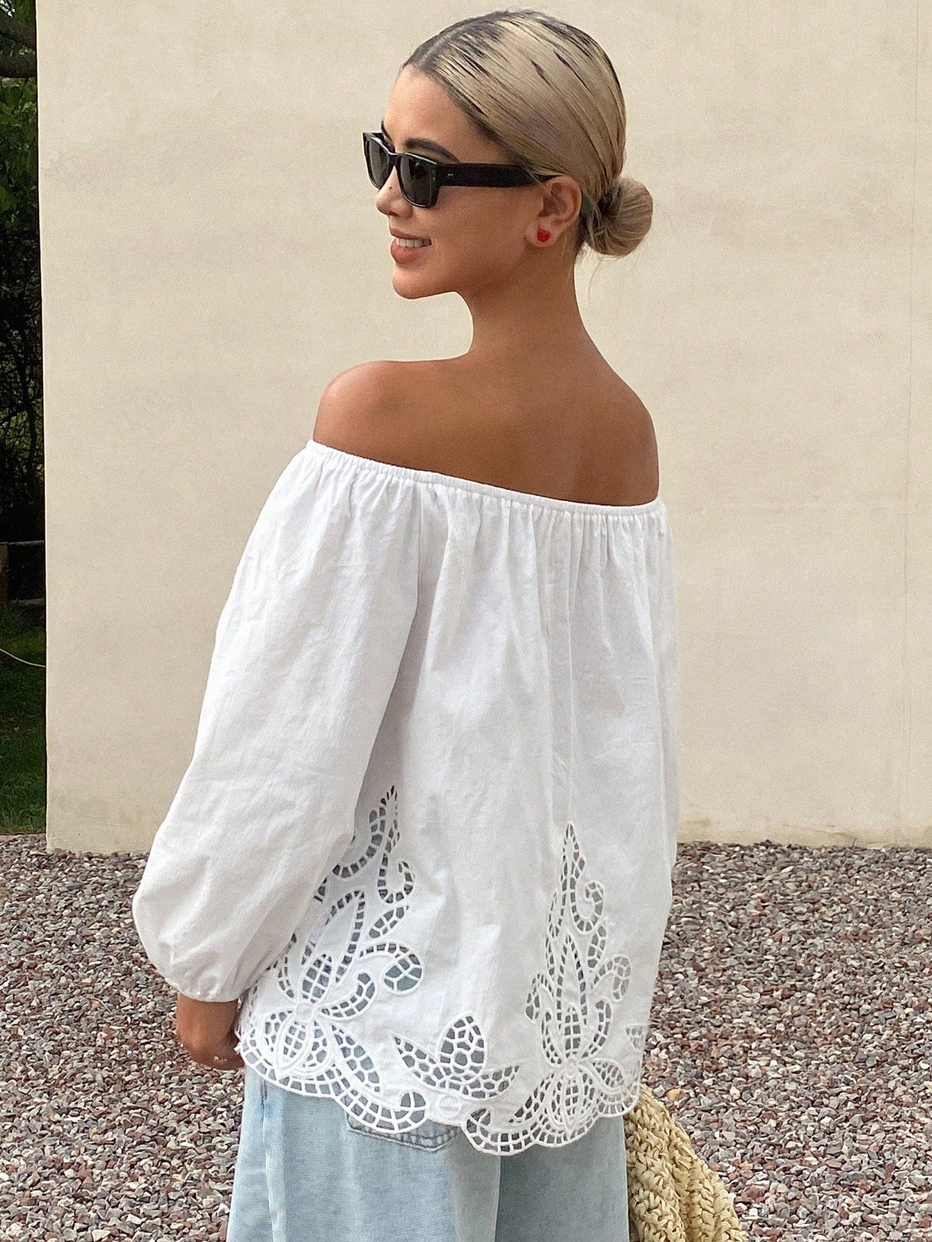 Livesso Women's Loose Solid Off Shoulder Long Sleeve Hollow Embroidered Casual Holiday Blouse Top, Summer Vacation Women Boho