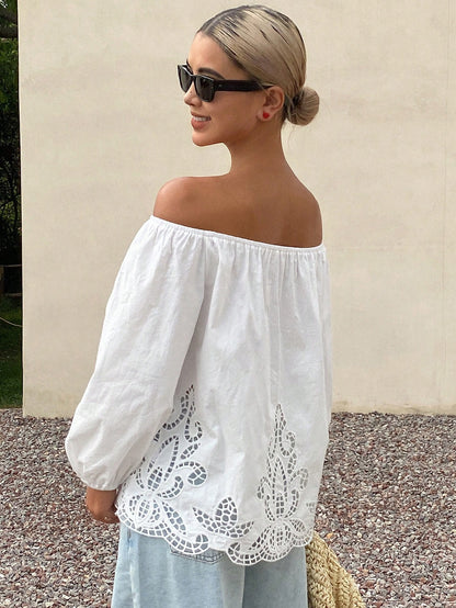 Livesso Women's Loose Solid Off Shoulder Long Sleeve Hollow Embroidered Casual Holiday Blouse Top, Summer Vacation Women Boho