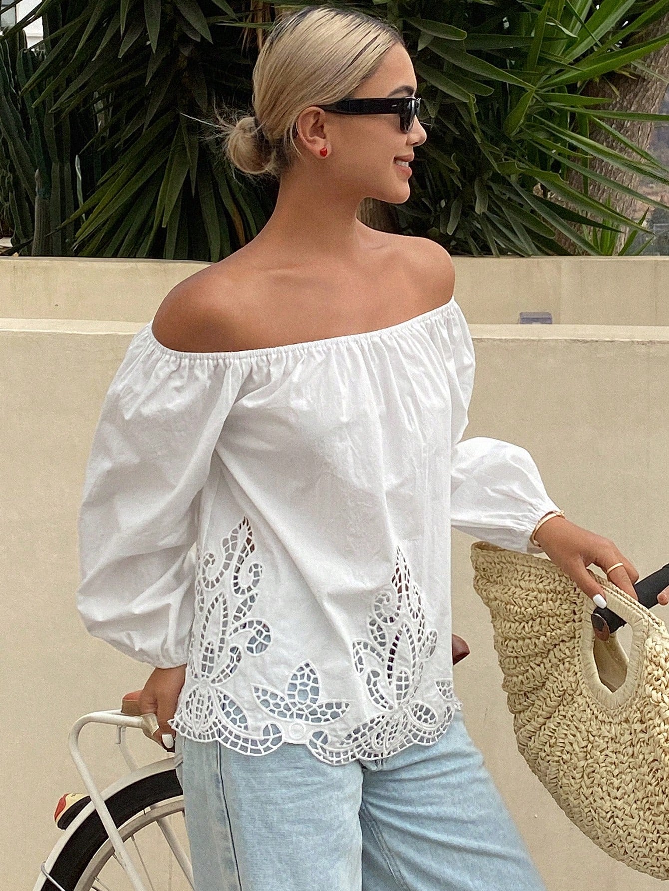 Livesso Women's Loose Solid Off Shoulder Long Sleeve Hollow Embroidered Casual Holiday Blouse Top, Summer Vacation Women Boho