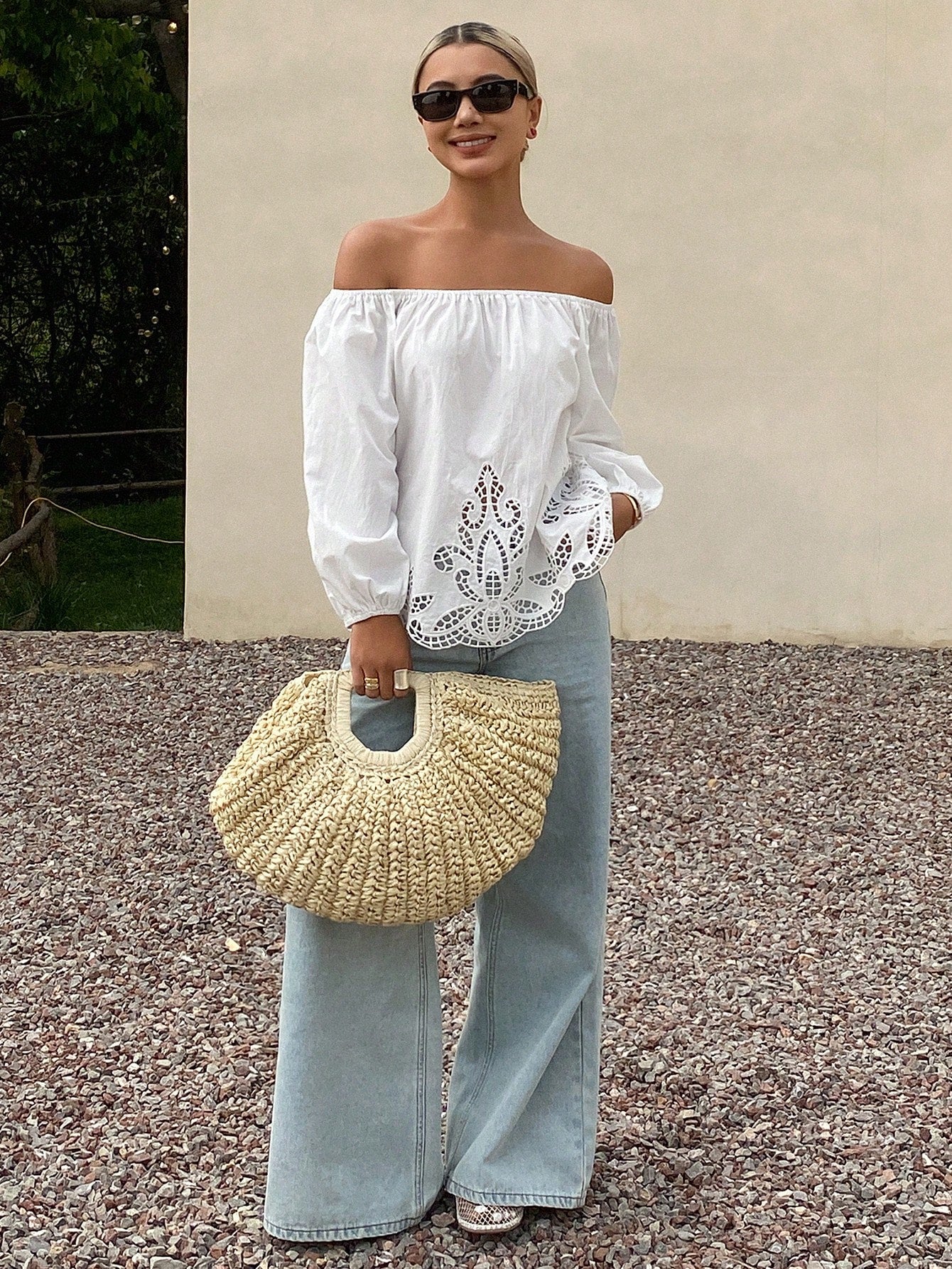 Livesso Women's Loose Solid Off Shoulder Long Sleeve Hollow Embroidered Casual Holiday Blouse Top, Summer Vacation Women Boho