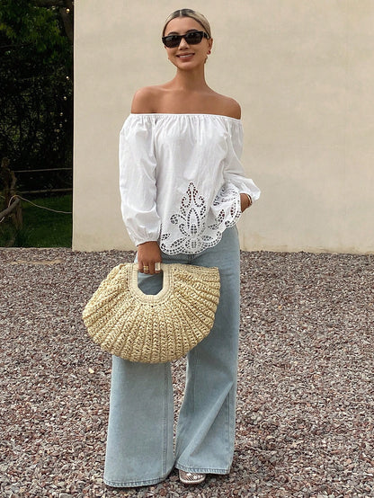 Livesso Women's Loose Solid Off Shoulder Long Sleeve Hollow Embroidered Casual Holiday Blouse Top, Summer Vacation Women Boho
