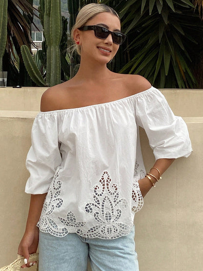 Livesso Women's Loose Solid Off Shoulder Long Sleeve Hollow Embroidered Casual Holiday Blouse Top, Summer Vacation Women Boho